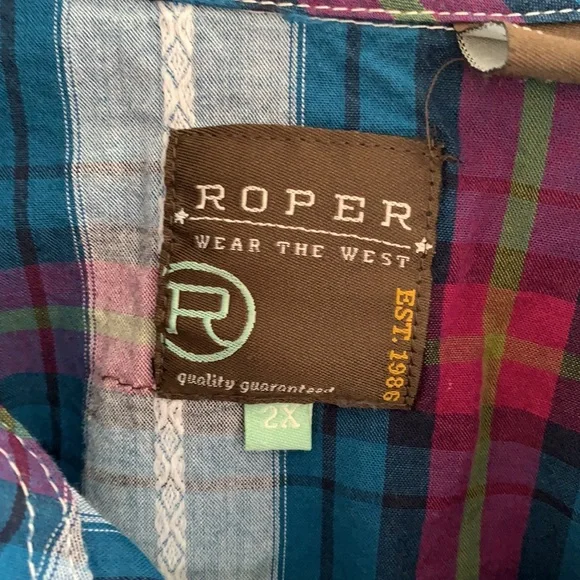 Roper turquoise, plum and olive green plaid embroidered western shirt - Picture 3 of 8